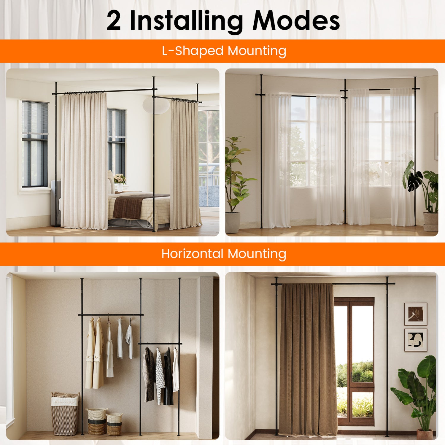 Room Divider Curtain Rod with Adjustable Floor to Ceiling Tension Rod (Curtains Not Included)