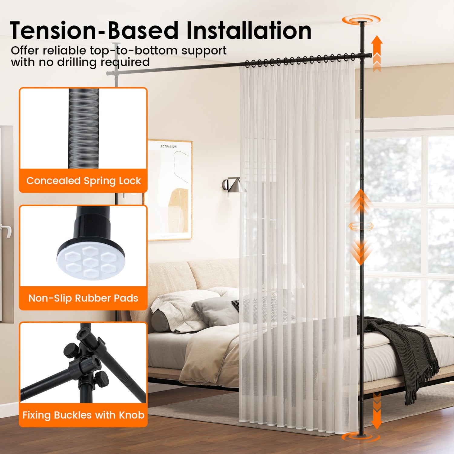 Room Divider Curtain Rod with Adjustable Floor to Ceiling Tension Rod No Drilling Required