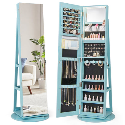 360° Rotating Mirrored Jewelry Cabinet Armoire 3 Color LED Modes Lockable-Pink - Blue
