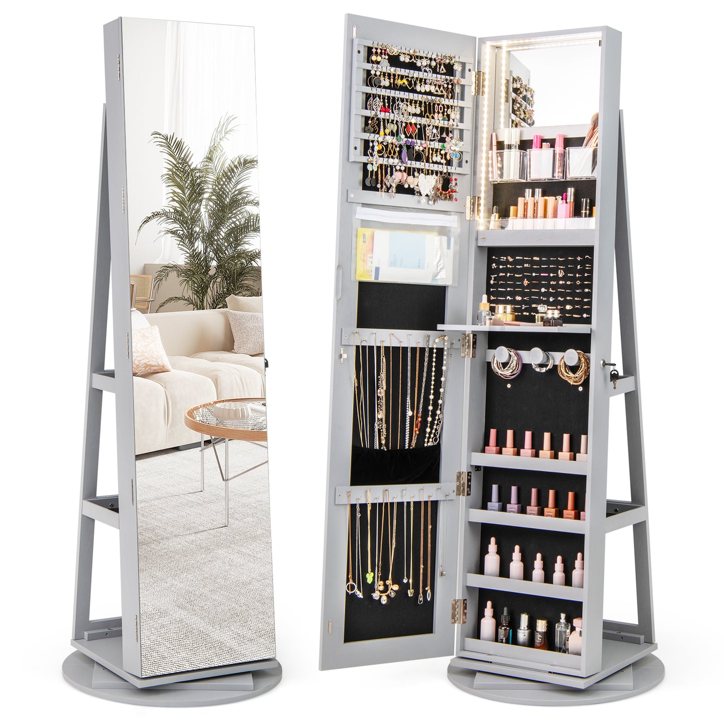 360° Rotating Mirrored Jewelry Cabinet Armoire 3 Color LED Modes Lockable-Pink - Gray