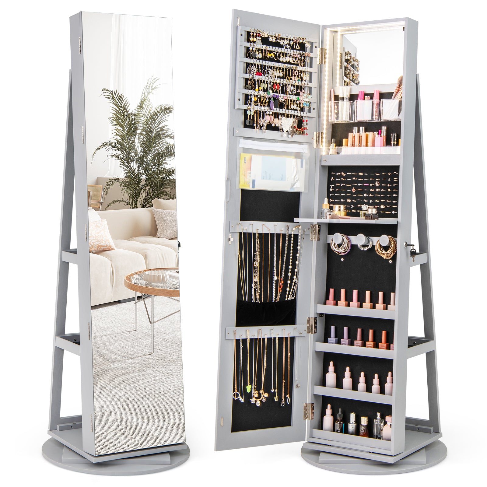 360° Rotating Mirrored Jewelry Cabinet Armoire 3 Color LED Modes Lockable-Pink - Gray