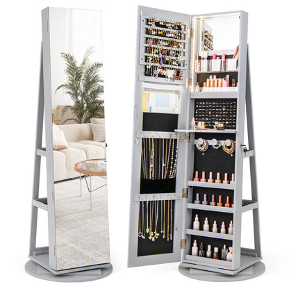 360° Rotating Mirrored Jewelry Cabinet Armoire 3 Color LED Modes Lockable-Pink - Gray