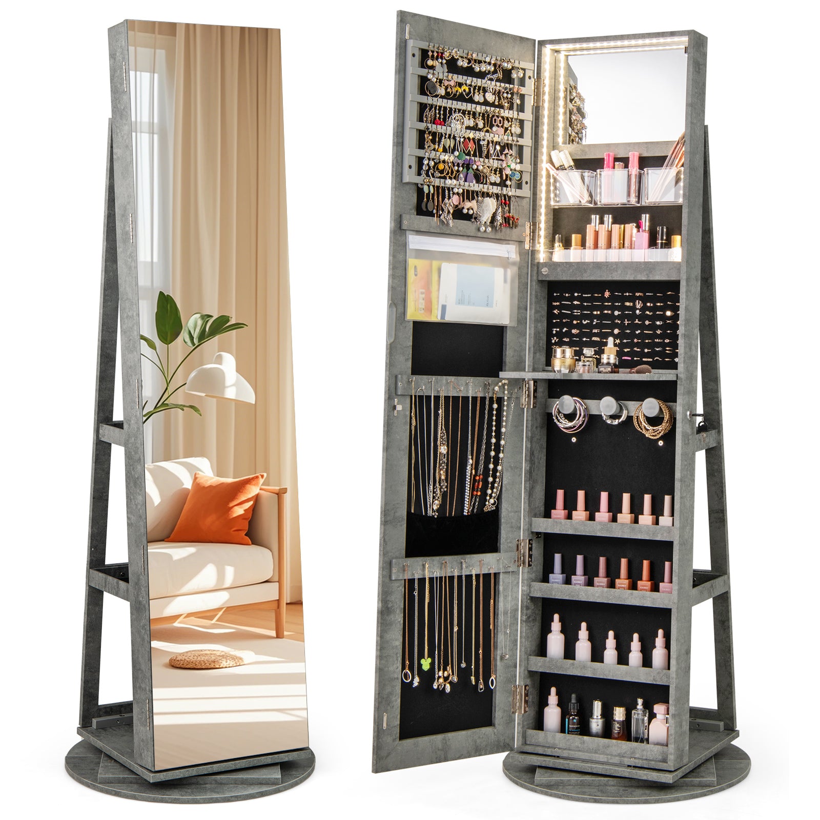 360° Rotating Mirrored Jewelry Cabinet Armoire 3 Color LED Modes Lockable-Pink - Green