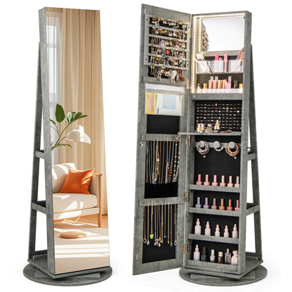 360° Rotating Mirrored Jewelry Cabinet Armoire 3 Color LED Modes Lockable-Pink - Green