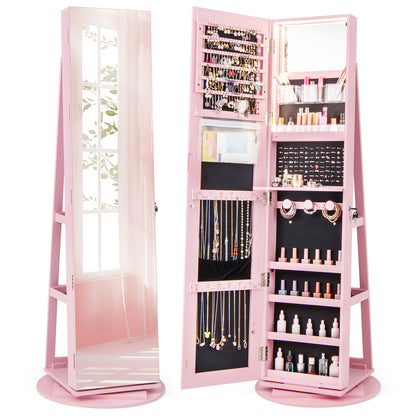 360° Rotating Mirrored Jewelry Cabinet Armoire 3 Color LED Modes Lockable-Pink - Pink