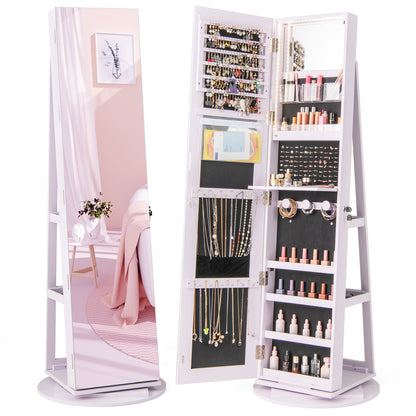 360° Rotating Mirrored Jewelry Cabinet Armoire 3 Color LED Modes Lockable-Pink - Purple