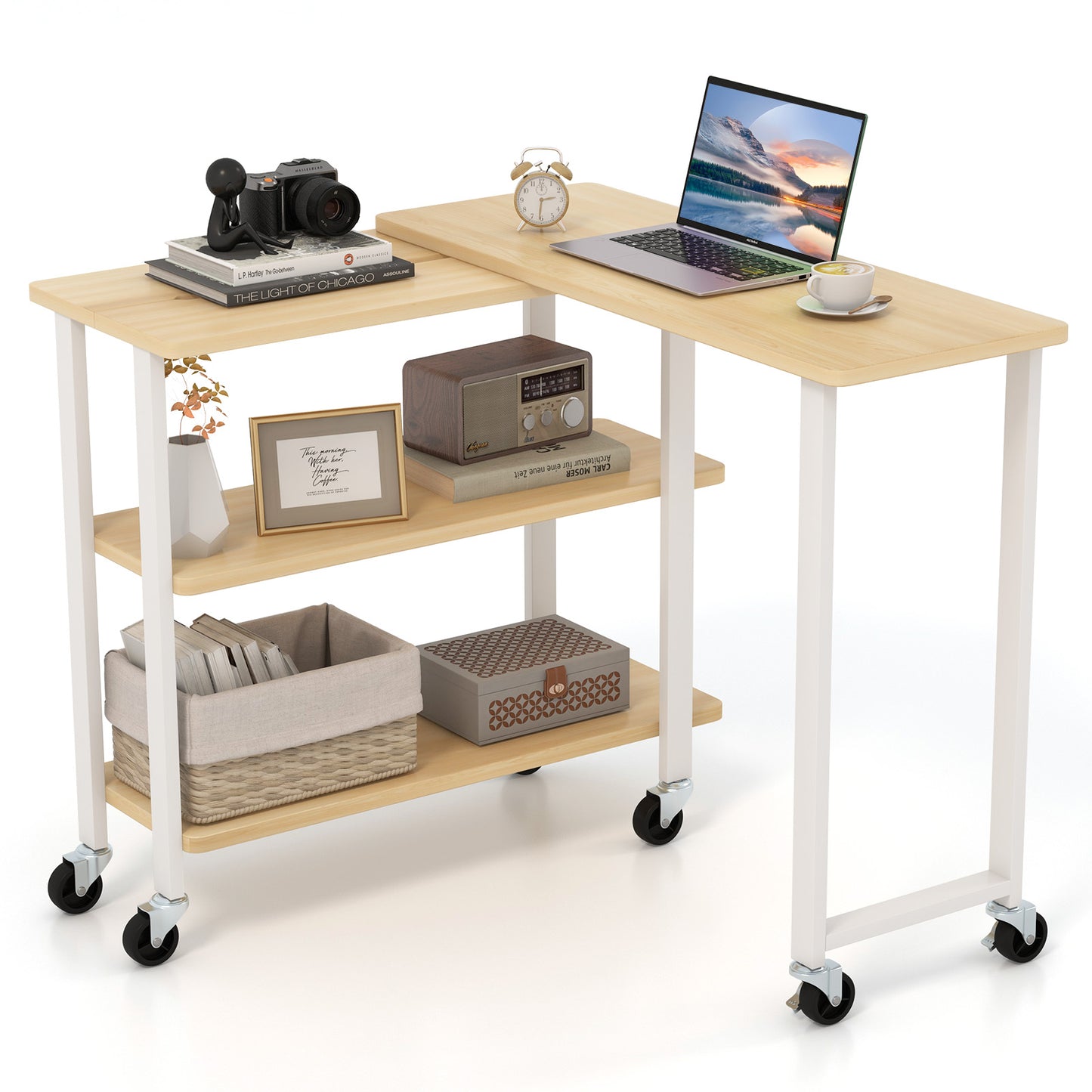 360° Rotating Sofa Side Table with Storage Shelves and Wheels-Walnut - Natural