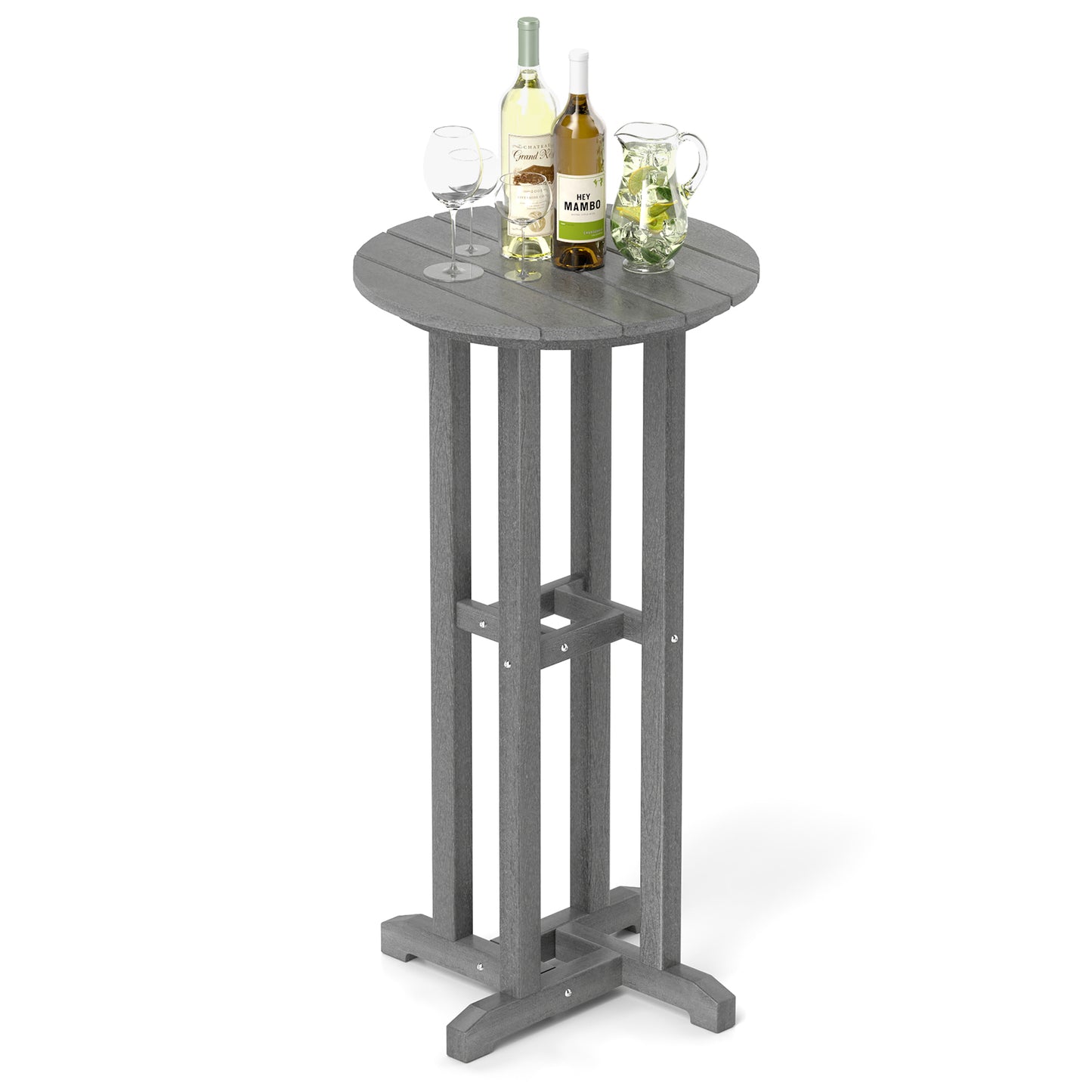 21.5 Inch Round Bar Table Patio HDPE Bar Height Dining Table with Slatted Tabletop-Gray - Gray