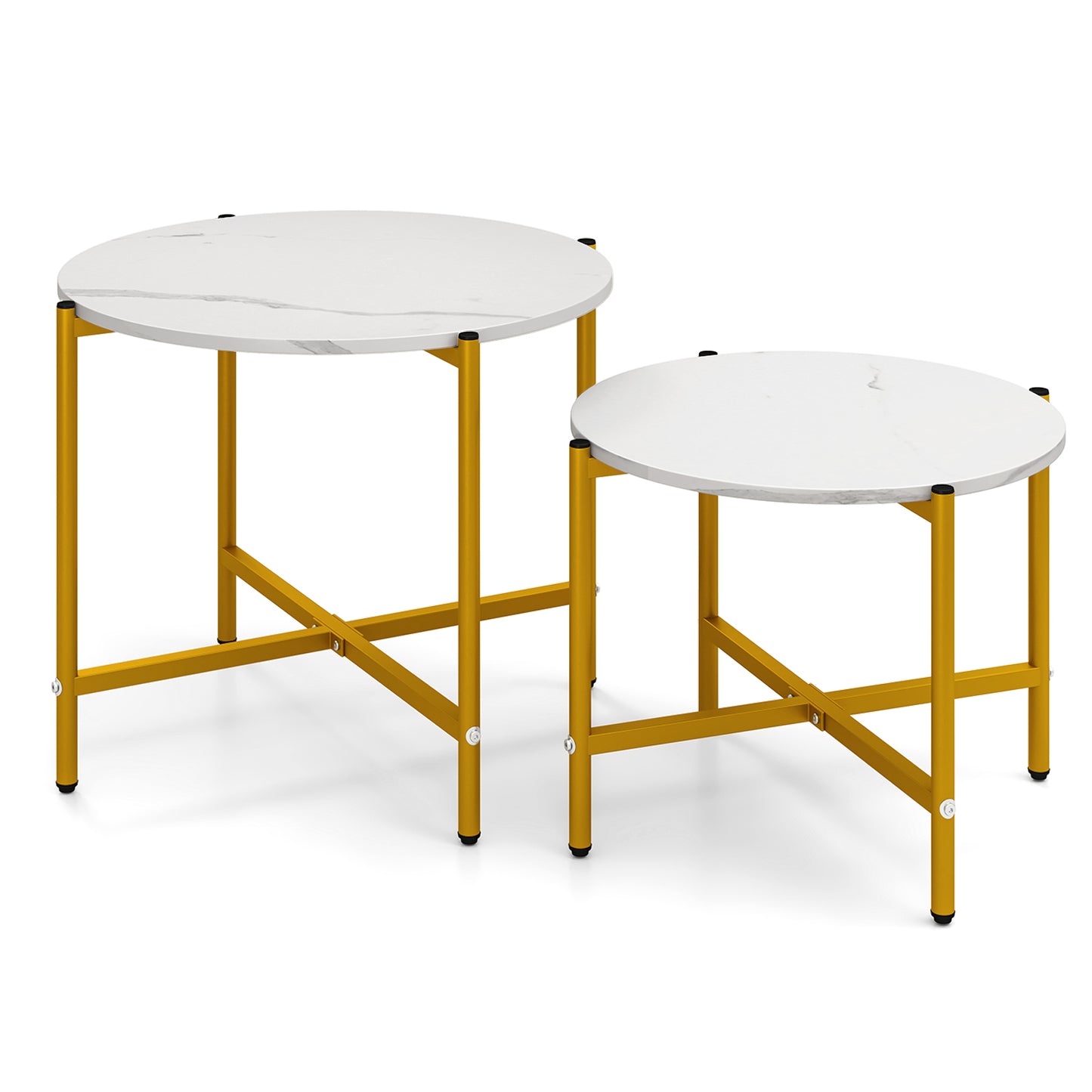 Round Coffee Table Set of 2 with Heavy-Duty Metal Frame-White - White