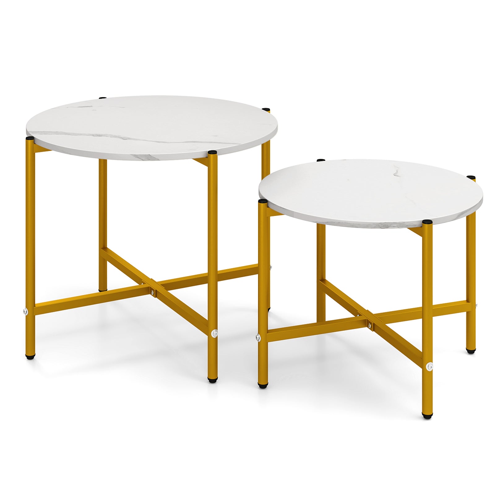 Round Coffee Table Set of 2 with Heavy-Duty Metal Frame-White - White