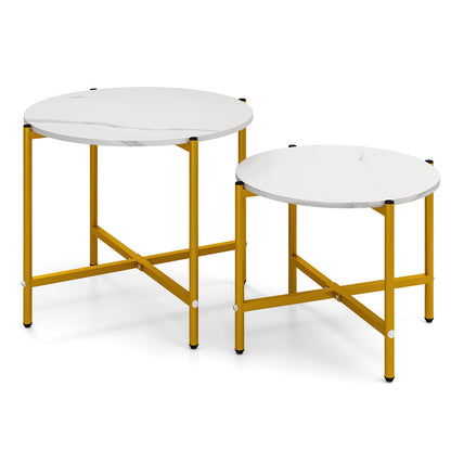 Round Coffee Table Set of 2 with Heavy-Duty Metal Frame-White - White