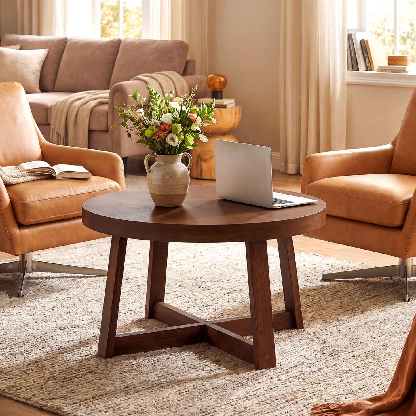 Round Coffee Table 30 Inch with Solid Wood Legs