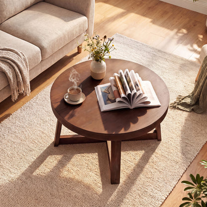 Round Coffee Table 30 Inch with Solid Wood Legs