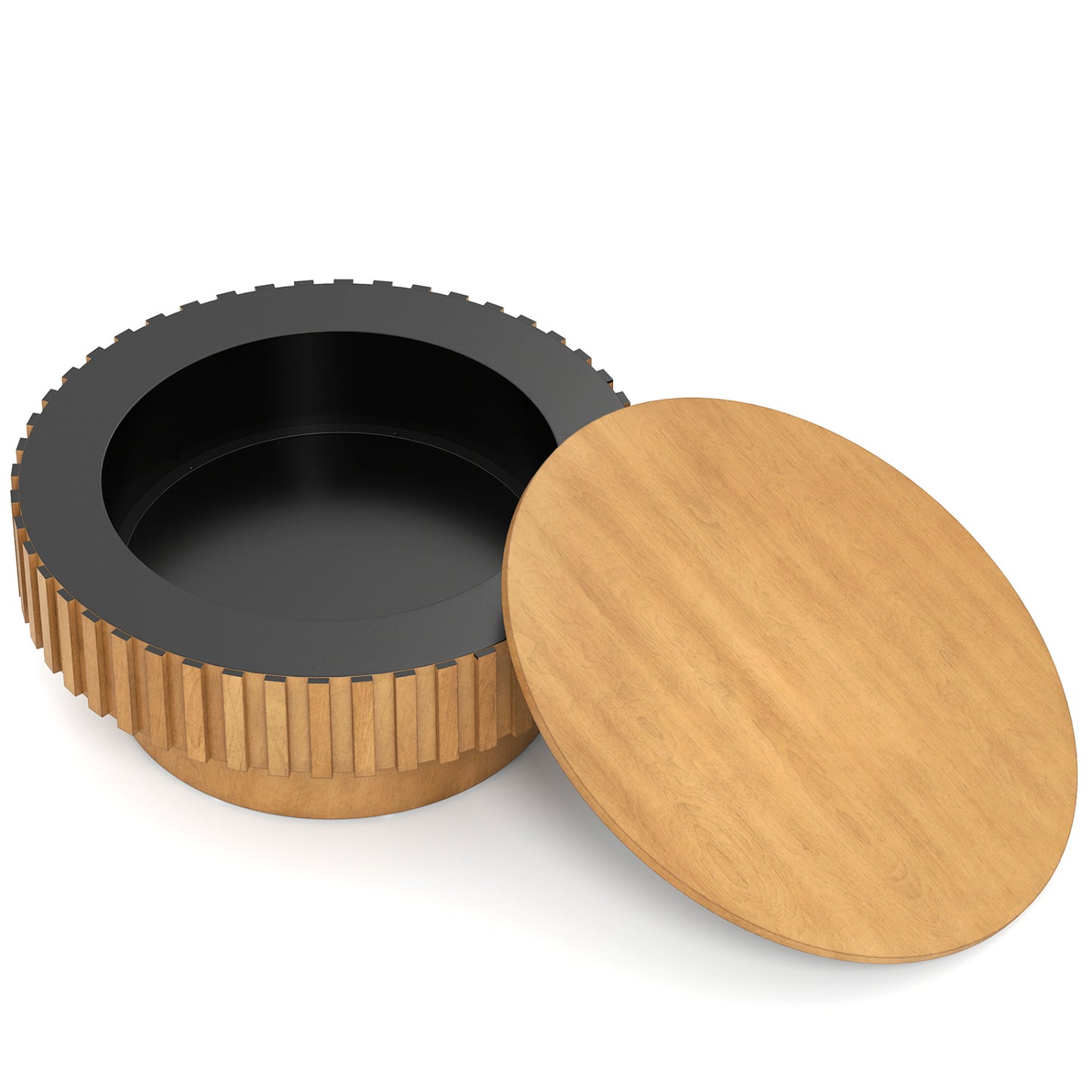 Round Coffee Table with Storage Modern Wooden Drum Coffee Table with Hidden Compartment-Natural