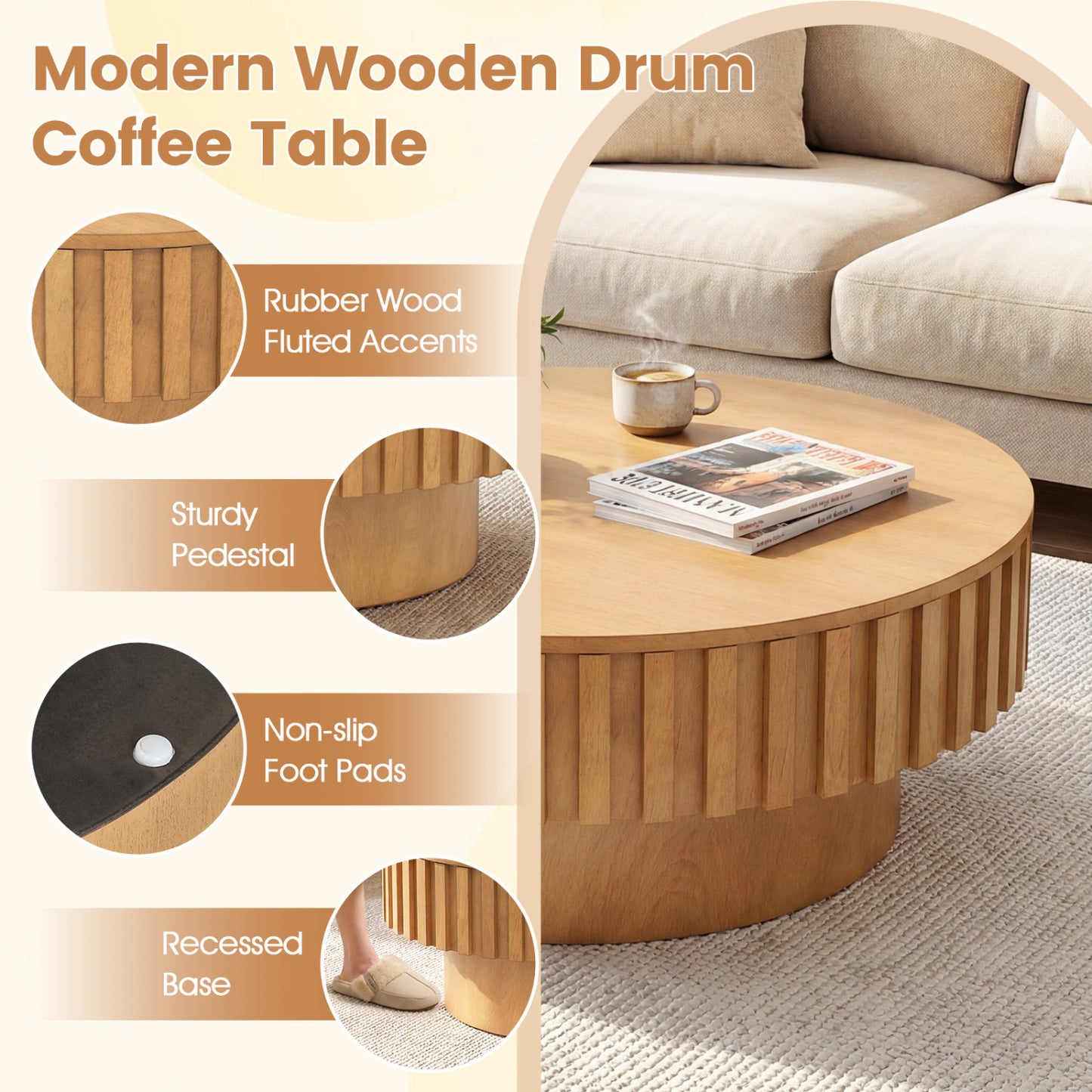 Round Coffee Table with Storage Modern Wooden Drum Coffee Table with Hidden Compartment-Natural