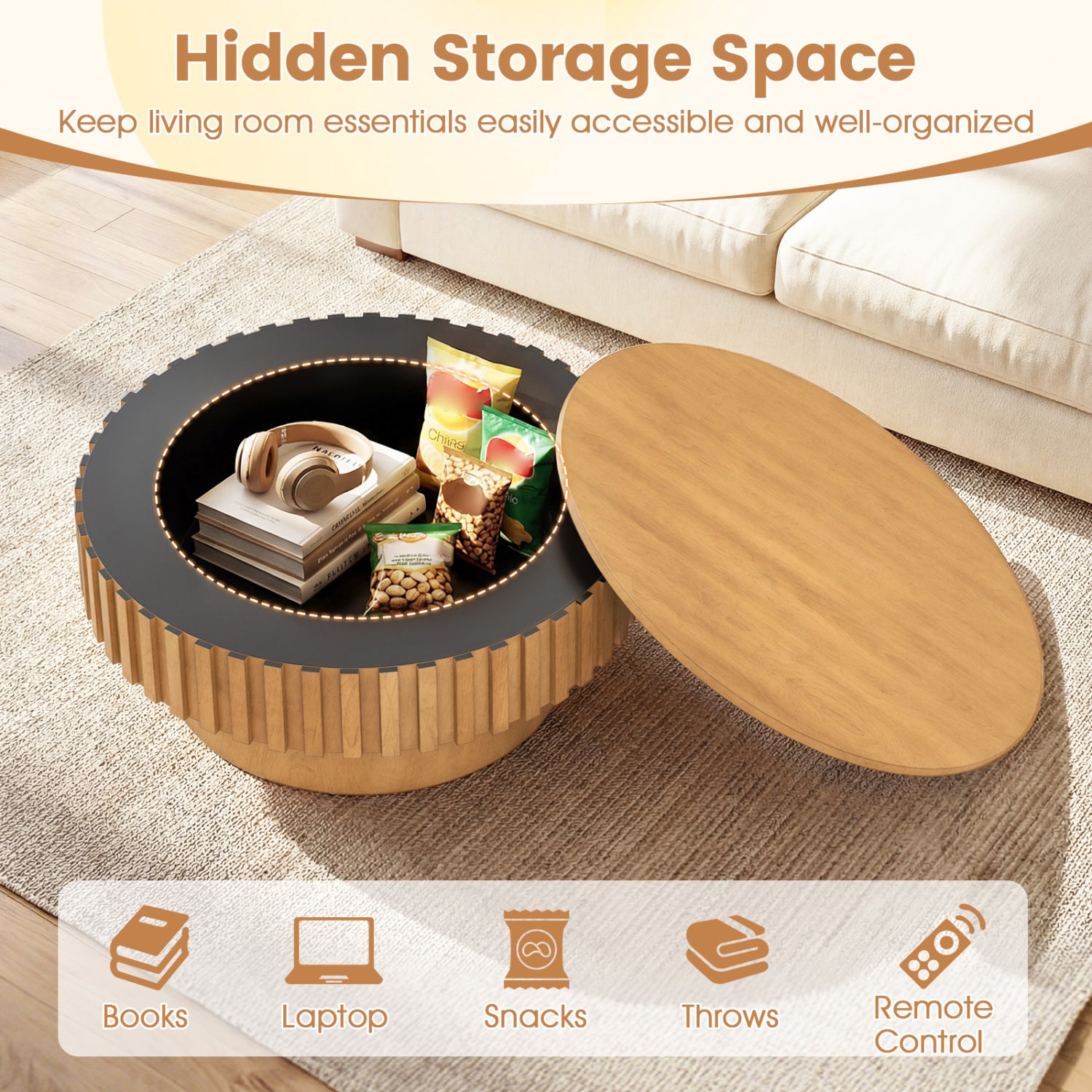 Round Coffee Table with Storage Modern Wooden Drum Coffee Table with Hidden Compartment-Natural