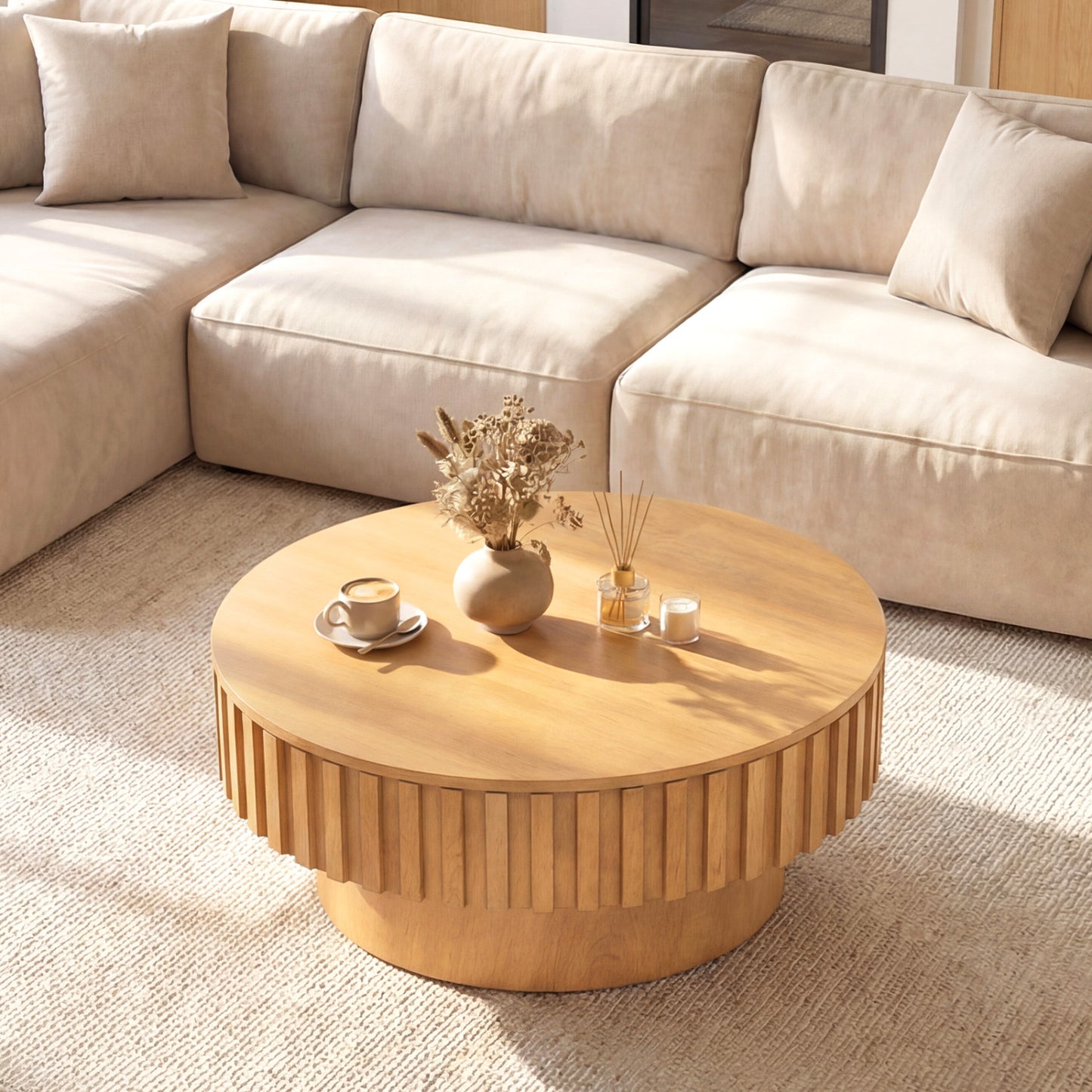Round Coffee Table with Storage Modern Wooden Drum Coffee Table with Hidden Compartment-Natural