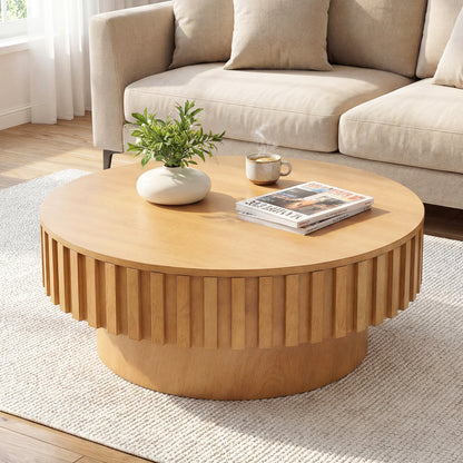 Round Coffee Table with Storage Modern Wooden Drum Coffee Table with Hidden Compartment-Natural