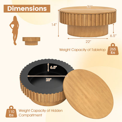 Round Coffee Table with Storage Modern Wooden Drum Coffee Table with Hidden Compartment-Natural