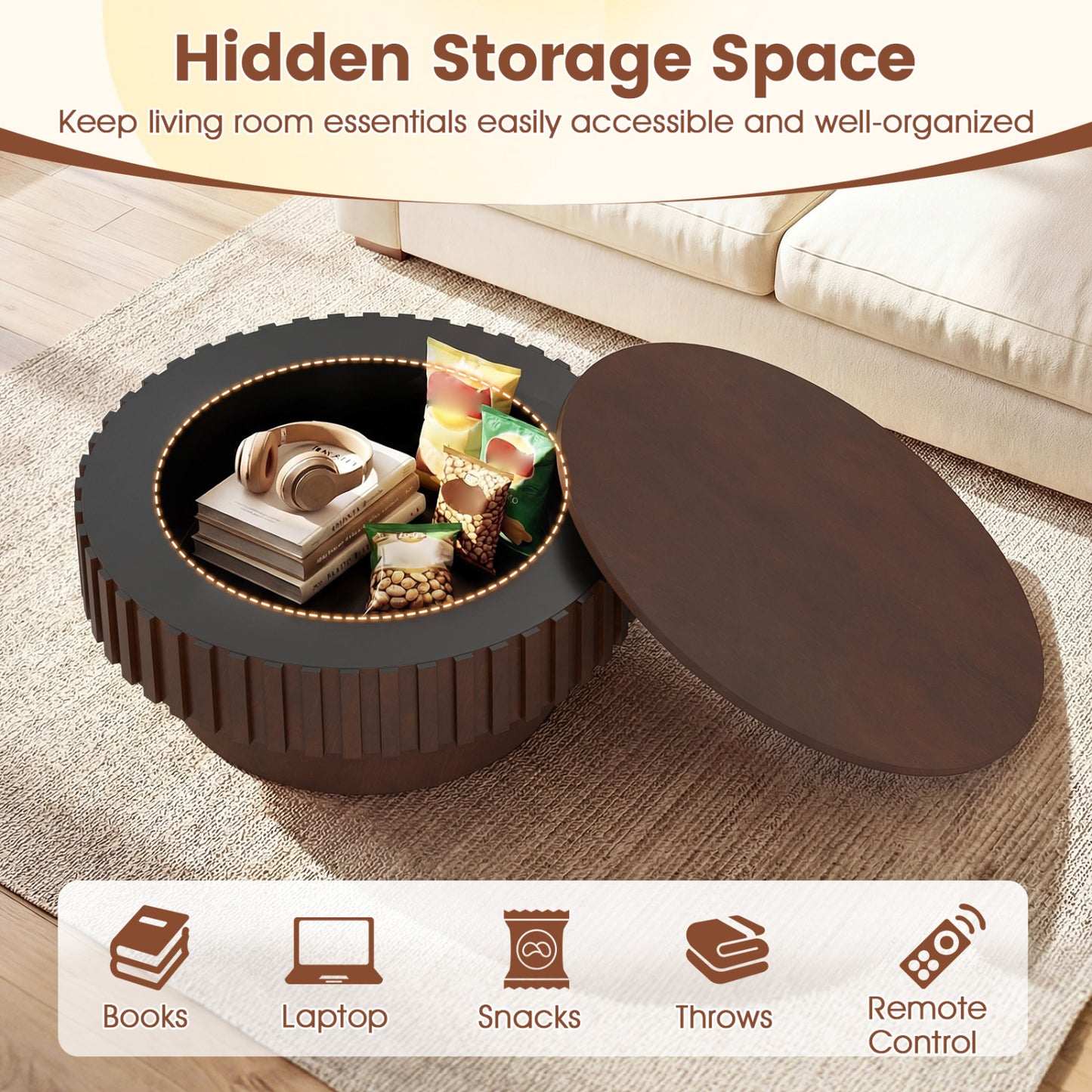 Round Coffee Table with Storage Modern Wooden Drum Coffee Table with Hidden Compartment-Walnut