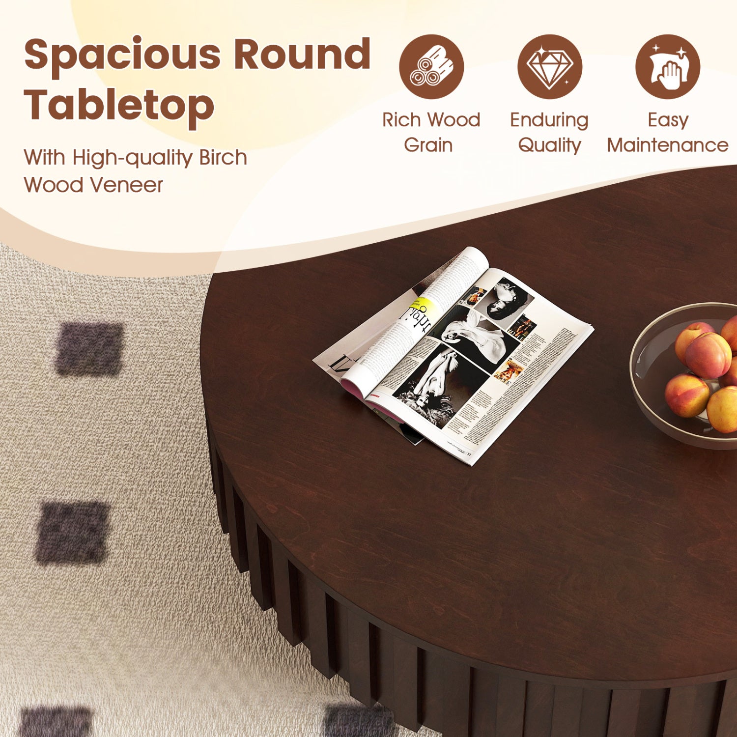 Round Coffee Table with Storage Modern Wooden Drum Coffee Table with Hidden Compartment-Walnut