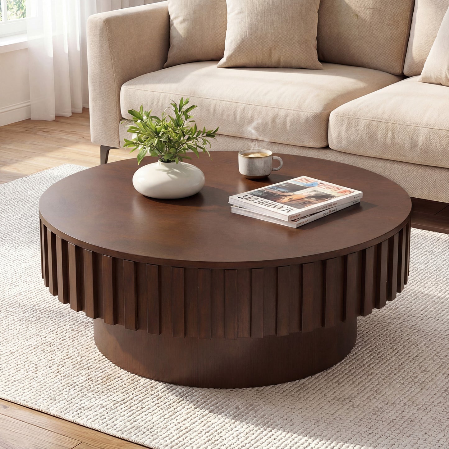 Round Coffee Table with Storage Modern Wooden Drum Coffee Table with Hidden Compartment-Walnut