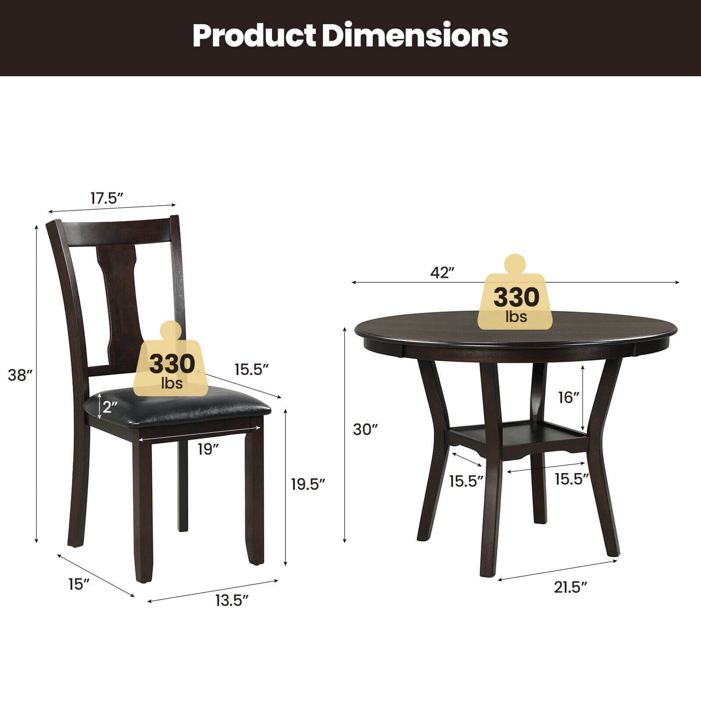 5-Piece Round Dining Table Set Wooden Kitchen Modern Table and 4 Chairs
