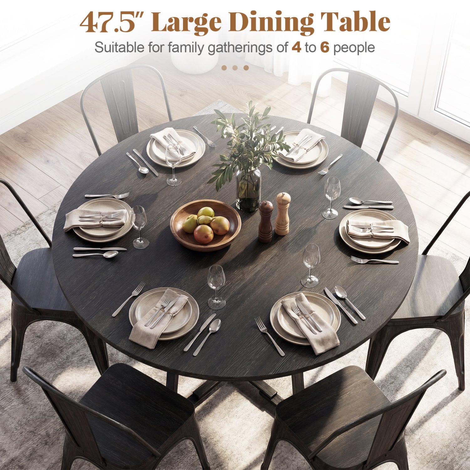 Round Dining Table for 4-6 with Storage Shelf and Metal Legs