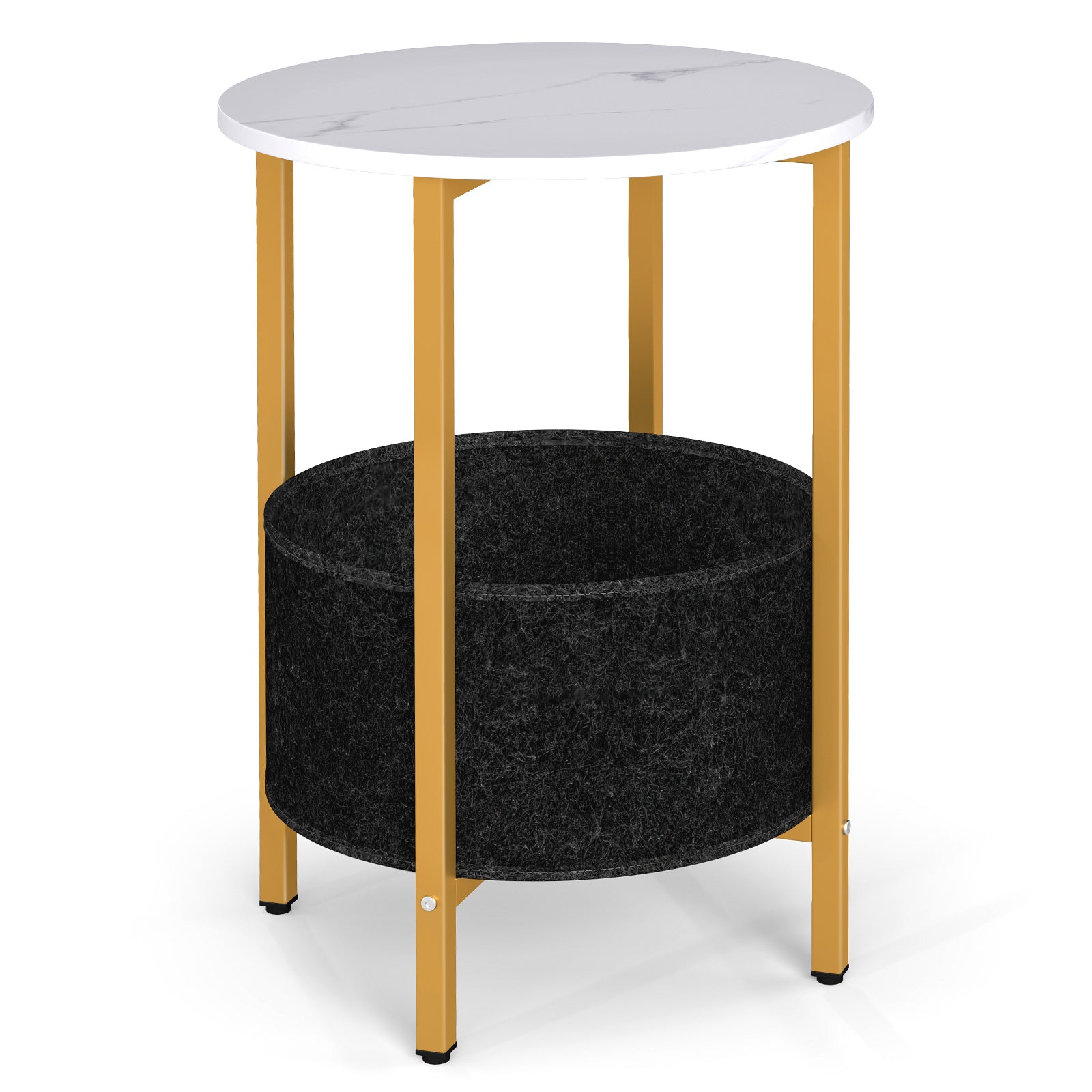 Round End Table 2-Tier Side Table with Removable Fabric Basket and Metal Frame-Rustic Brown - White