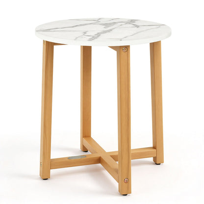 Round End Table with Faux Marble Top and Acacia Wood Legs