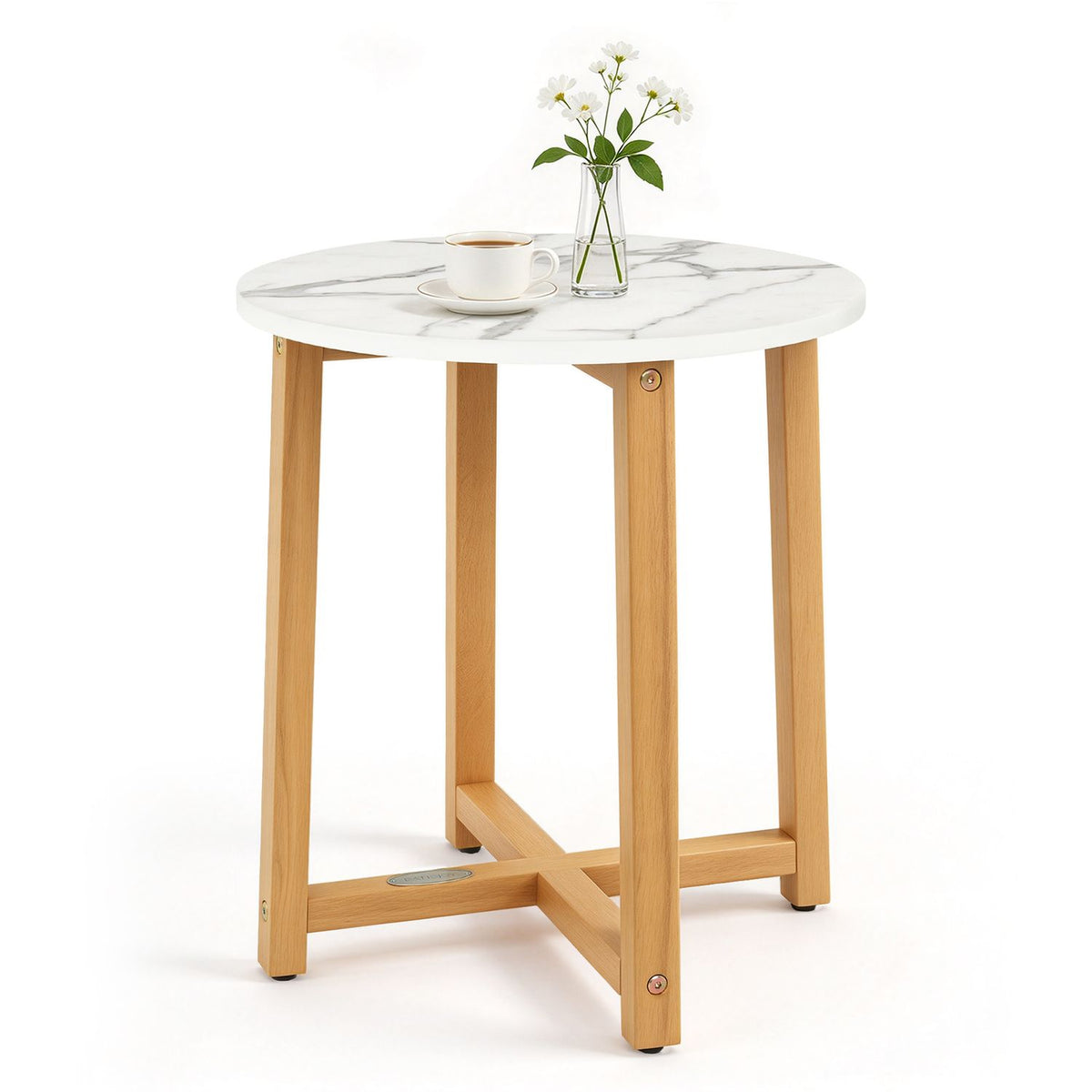 Round End Table with Faux Marble Top and Acacia Wood Legs