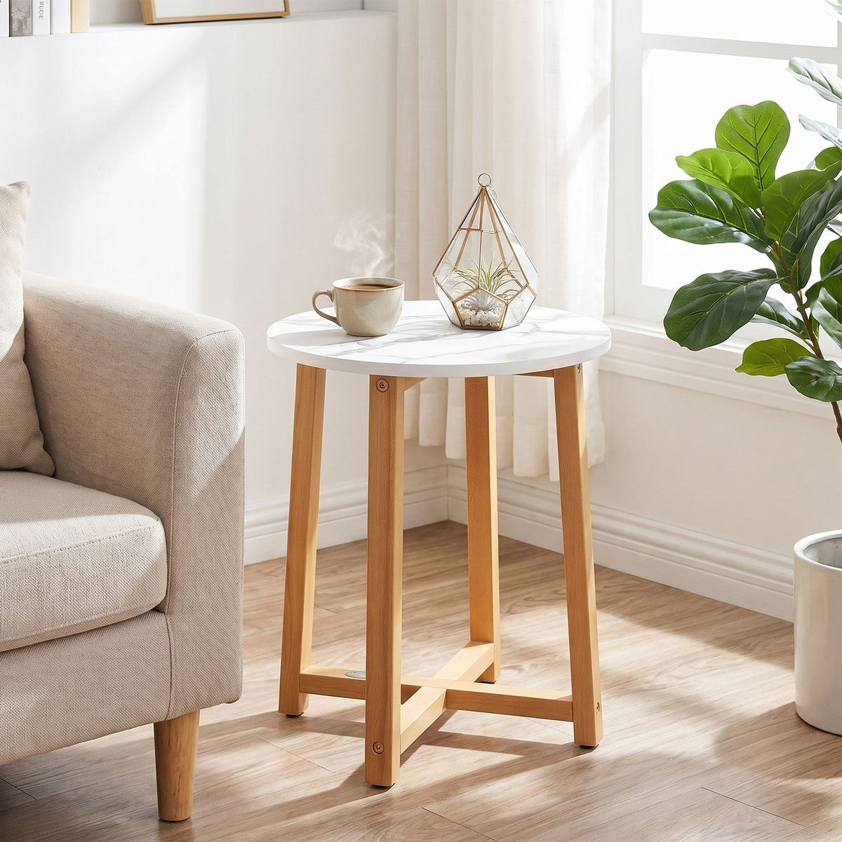 Round End Table with Faux Marble Top and Acacia Wood Legs