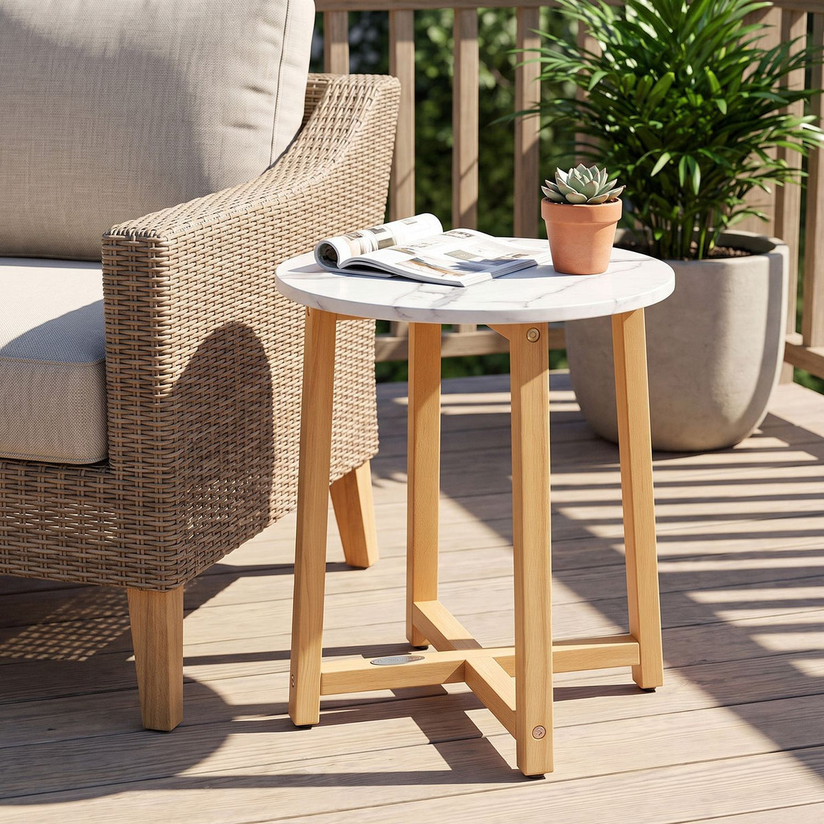 Round End Table with Faux Marble Top and Acacia Wood Legs