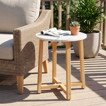 Round End Table with Faux Marble Top and Acacia Wood Legs
