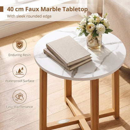 Round End Table with Faux Marble Top and Acacia Wood Legs