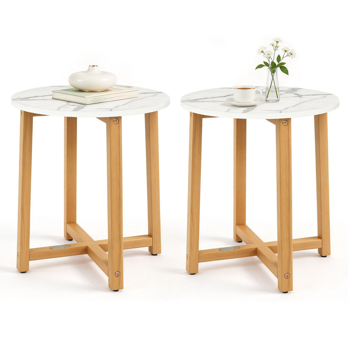 Round End Table with Faux Marble Top and Acacia Wood Legs