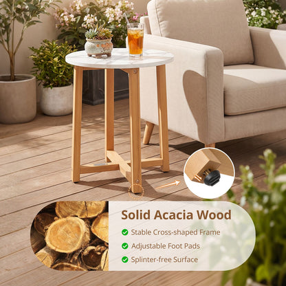Round End Table with Faux Marble Top and Acacia Wood Legs