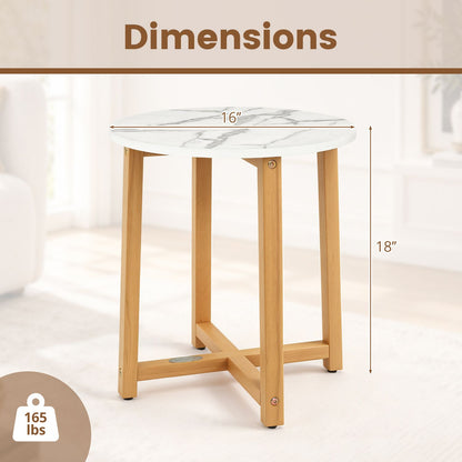 Round End Table with Faux Marble Top and Acacia Wood Legs