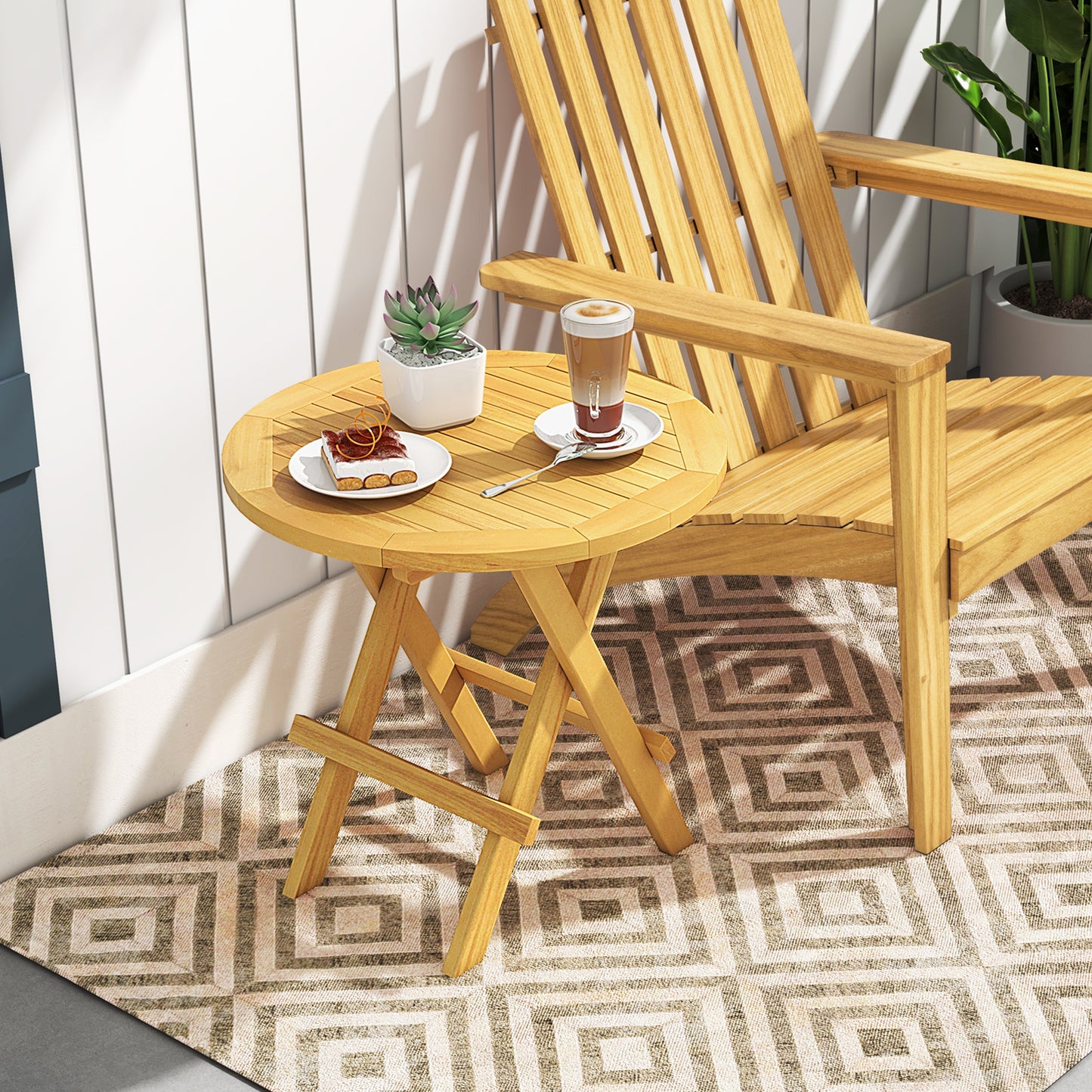 Portable and Compact Outdoor End Table with X-shaped Legs and Slatted Tabletop