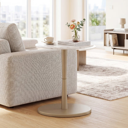 Round Marble Side Table with Stone Finish and Wooden Base for Small Spaces