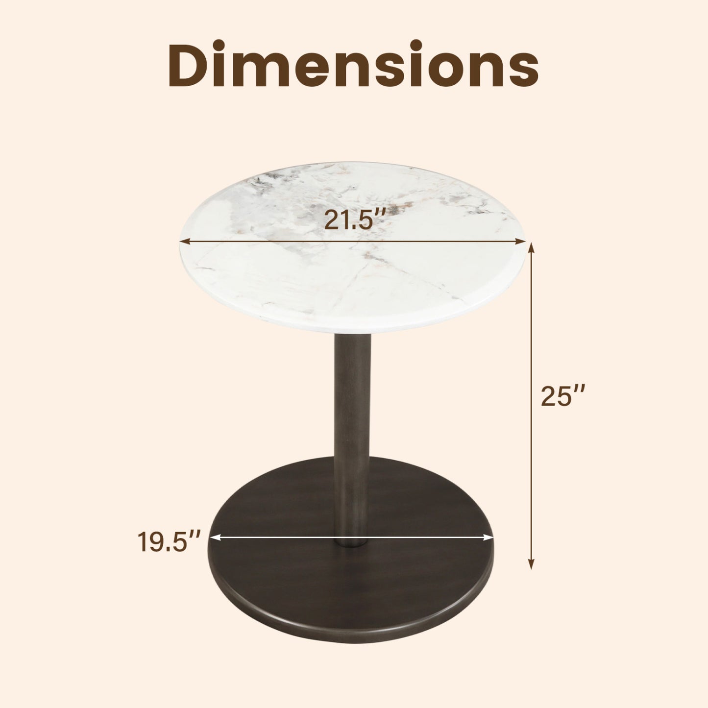 Round Marble Side Table Pedestal End Table with Stone Finish and Wooden