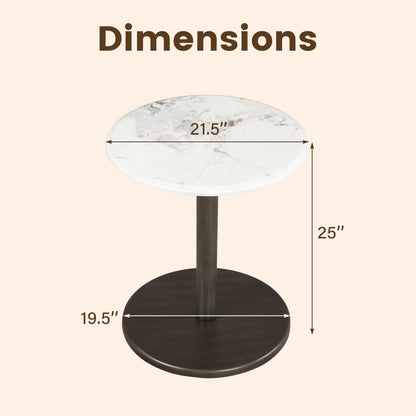 Round Marble Side Table Pedestal End Table with Stone Finish and Wooden