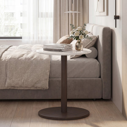Round Marble Side Table Pedestal End Table with Stone Finish and Wooden