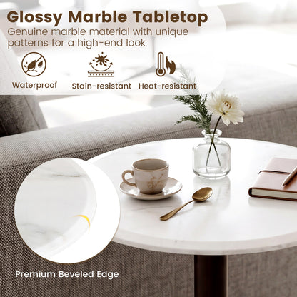 Round Marble Side Table Pedestal End Table with Stone Finish and Wooden