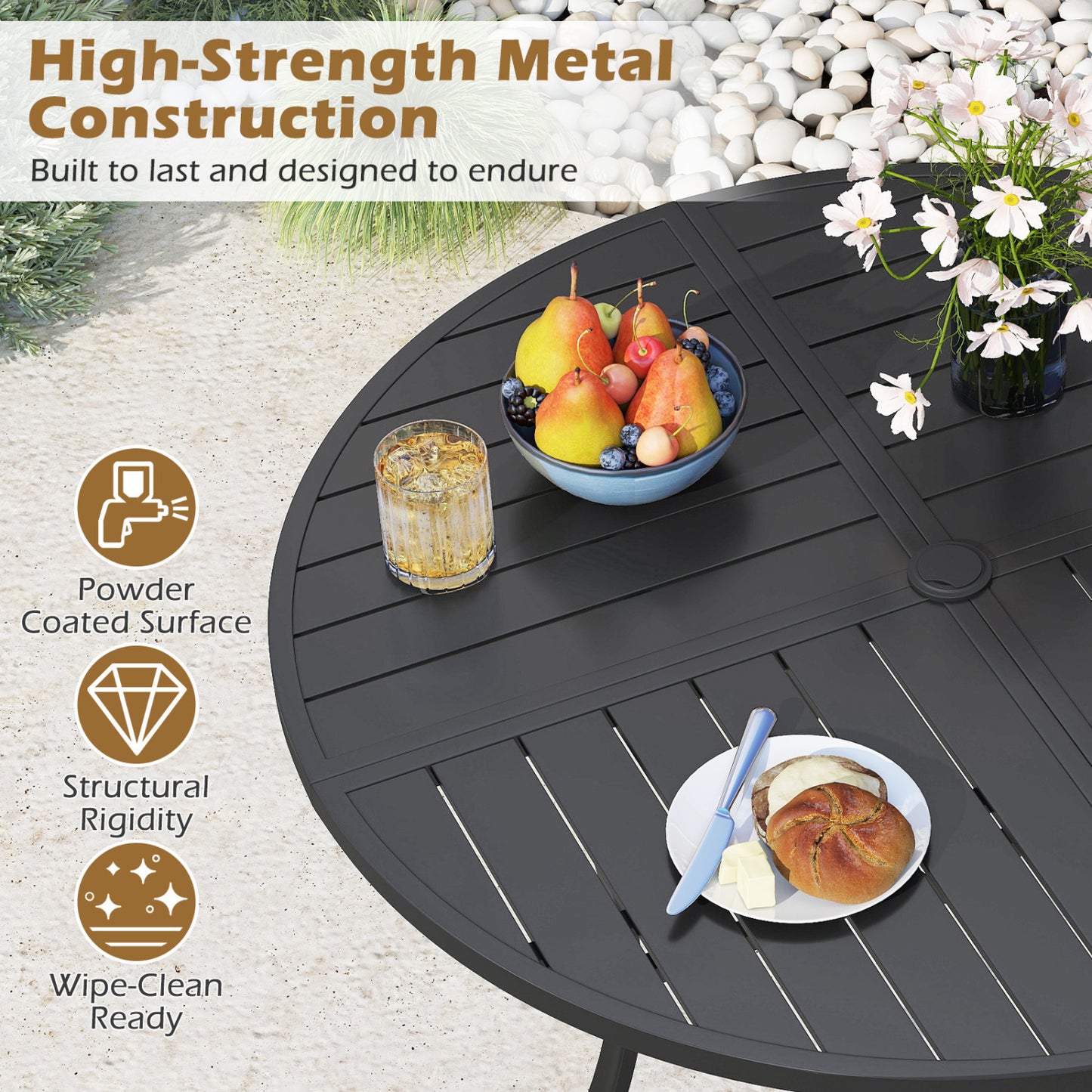 Round Patio Dining Table 42.5 Inch Metal Slat Table with Umbrella Hole