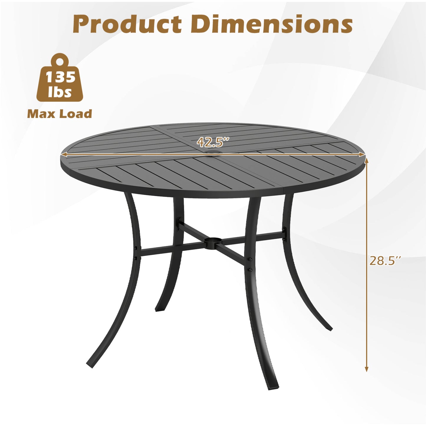 Round Patio Dining Table 42.5 Inch Metal Slat Table with Umbrella Hole