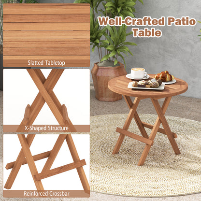 Round Patio Folding Coffee Table Indonesia Teak Wood with Slatted Tabletop
