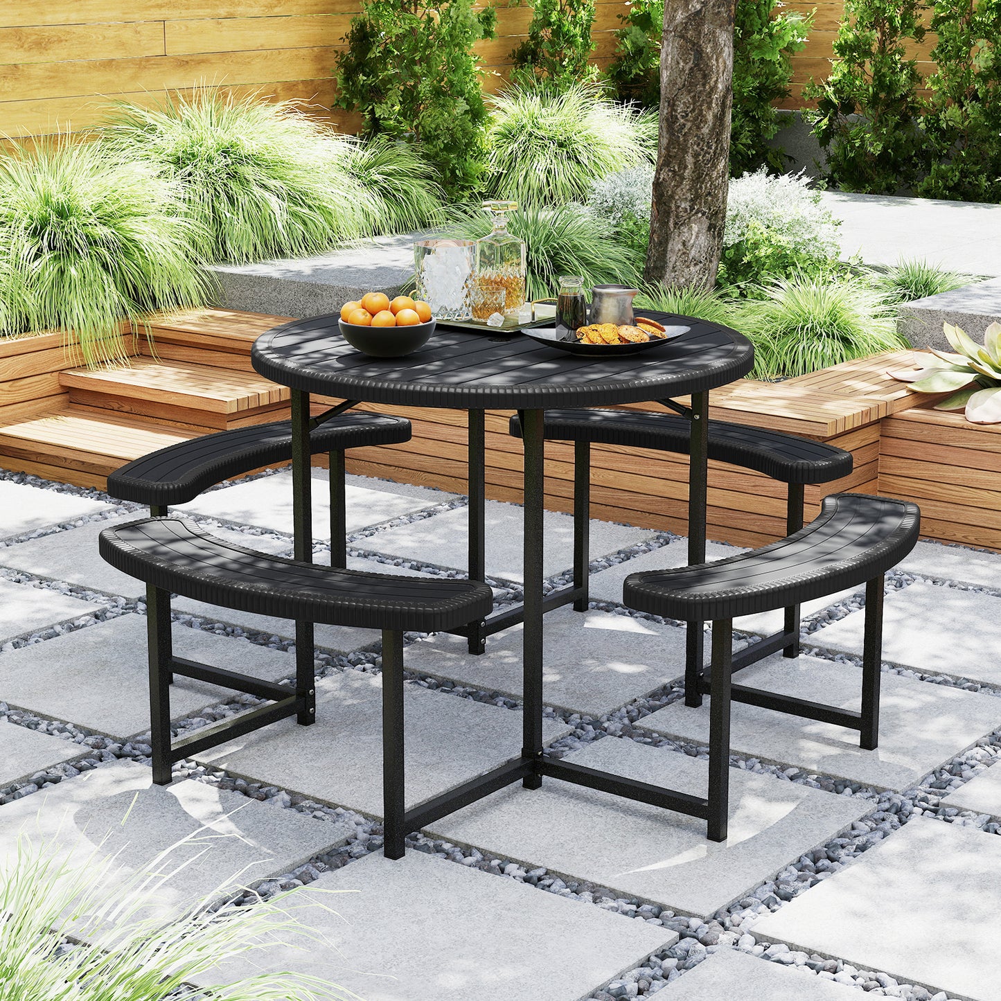 Round Picnic Table Bench Set with 4 Benches and Umbrella Hole for Patio Lawn