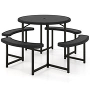 Round Picnic Table Bench Set with 4 Benches and Umbrella Hole for Patio Lawn-Black