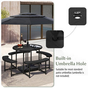 Round Picnic Table Bench Set with 4 Benches and Umbrella Hole for Patio Lawn-Black